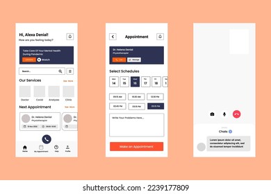 Medical healthcare and doctor appointment booking app UI kit template with home screen, schedule, video conferencing screen.