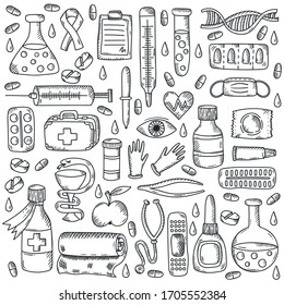 Medical healthcare doctor equipment and medicine doodle icons collection