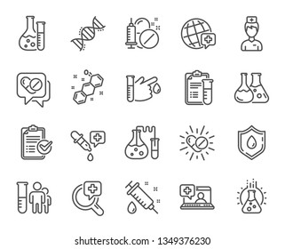 Medical healthcare, doctor line icons. Drug testing, scientific discovery and disease prevention signs. Chemical formula, medical doctor research, chemistry testing lab icons. Vector