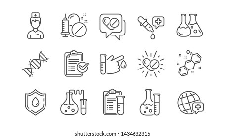Medical healthcare, doctor line icons. Drug testing, scientific discovery and disease prevention icons. Chemical formula, chemistry testing lab. Linear set. Vector