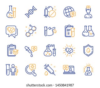 Medical healthcare, doctor line icons. Drug testing, scientific discovery and disease prevention signs. Chemical formula, medical doctor research, chemistry testing lab icons. Vector