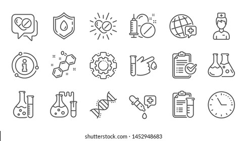 Medical healthcare, doctor line icons. Drug testing, scientific discovery and disease prevention icons. Chemical formula, chemistry testing lab. Linear set. Quality line set. Vector