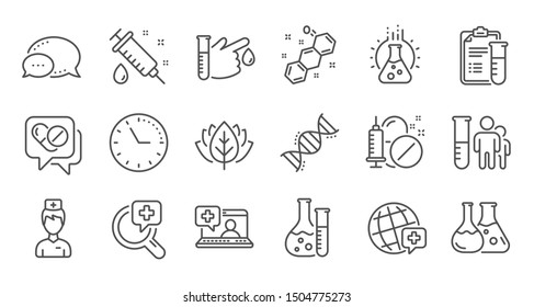 Medical healthcare, doctor line icons. Drug testing, scientific discovery and disease prevention icons. Chemical formula, chemistry testing lab. Linear set. Quality line set. Vector