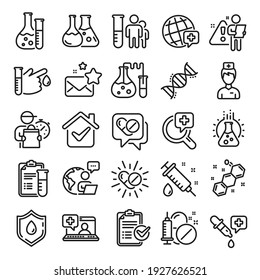 Medical Healthcare, Doctor Line Icons. Drug Testing, Scientific Discovery And Disease Prevention Signs. Chemical Formula, Medical Doctor Research, Chemistry Testing Lab Icons. Line Icon Set. Vector