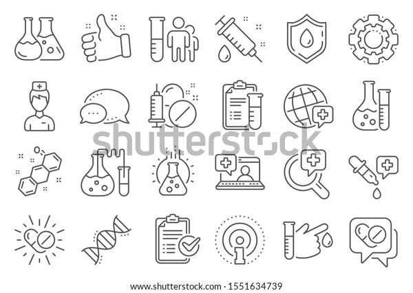 Medical healthcare, doctor line icons. Drug\
testing, scientific discovery and disease prevention signs.\
Chemical formula, medical doctor research, chemistry testing lab\
icons. Line signs set.\
Vector