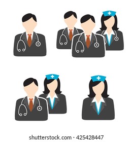 Medical Healthcare Doctor and Nurse Icons with People Figures and Stethoscopes, Nurse's Hats, and Scrubs