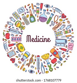 Medical healthcare doodle vector icons set round frame design 
