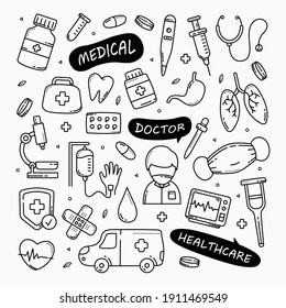 Medical And Healthcare Doodles Hand Drawn Icon Set, Vector Illustration