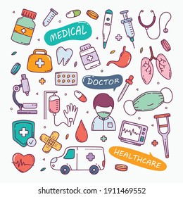 Medical and healthcare doodles hand drawn icon set, vector illustration