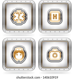 Medical, healthcare or emergency icons, pictured here from left to right, top to bottom:   hospital sign, hospital sign, nurse, first aid kit.