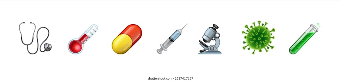 Medical healthcare emoji set. Syringe, ampoule and plaster isolated on white background. Medical pills, capsules and bottles. Vector icon of medicines and drugs in cartoon flat style. 10 eps.