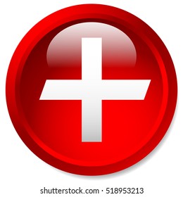 Medical, healthcare, first-aid plus, cross icon. Glossy circle button with white cross.