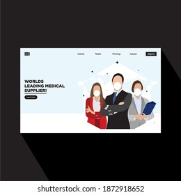 Medical And Healthcare Flat Website Landing Page Design For Medical Business Team Of Doctors Wearing Masks Concept Minimal Medical Vector Illustration Design.