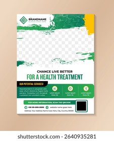 Medical healthcare flyer. chance live better for a health treatment leaflet design template. brush grunge with yellow and green gradient colors. space for photo isolated on white background