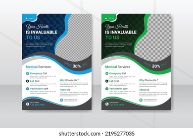 Medical and healthcare flyer template, medical brochure cover design layout with white background, A4 size with two color schemes