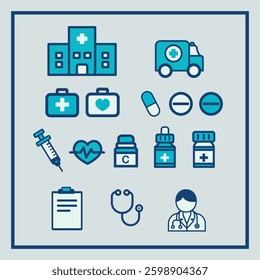 Medical Healthcare Icons.Set of medical healthcare illustrations featuring doctors, medical equipment, hospitals, ambulances, medicines, and health-related concepts.
