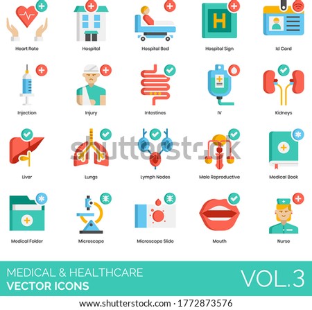 Medical and healthcare icons including heart rate, hospital bed, injection, injury, intestine, IV, kidney, liver, lung, lymph node, male reproductive, book, folder, microscope slide, mouth, nurse.