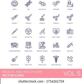 Medical And Healthcare Icons Including Mouth, DNA, Blood Cell, Pacemaker, Surgery, Forceps, Scalpel, Radioactive, Chemical, Straitjacket, ID Card, Sphygmomanometer, Defibrillator, Radiation Therapy.