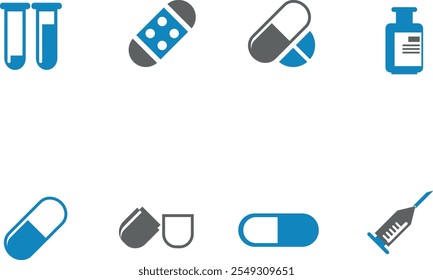 Medical and Healthcare Icons Set Icons set about medicine. Pills bottle icon. Capsules and pills icon vector. Health Care Vector illustration