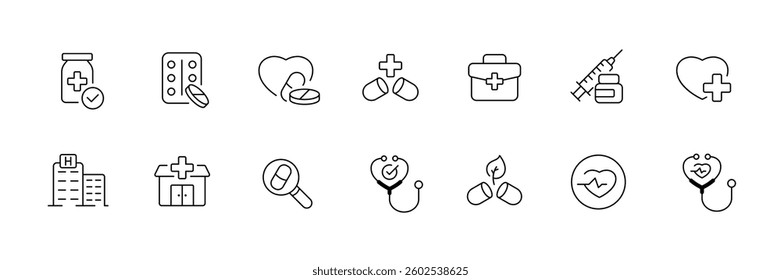 Medical and healthcare icons set featuring stethoscope, pills, hospital, and syringe vector.