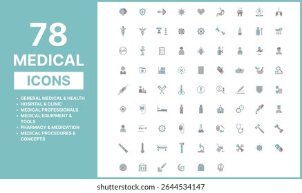 Medical and Healthcare Icons Set, Health, Hospital, Pharmacy, Tools and Procedures