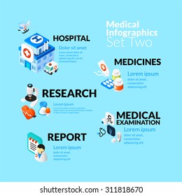 Medical healthcare infographic set with isometric flat icons, included hospital medicines research medical examination report concept, vector illustration background