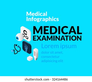 Medical healthcare infographic set with isometric flat icons, medical examination concept, vector illustration background