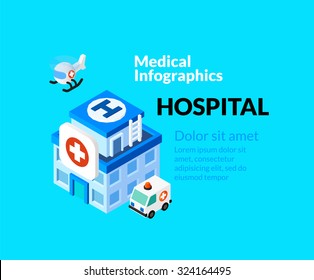 Medical healthcare infographic set with isometric flat icons, included hospital concept, vector illustration background