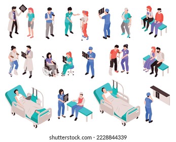 Isometrische Gruppe von Traumatologen für die medizinische Versorgung, die Patienten nach einer physischen Verletzung konsultieren und behandeln, einzelne Vektorgrafik