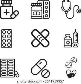 Medical and healthcare items, perfect for illustrating concepts related to medicine, wellness, and treatment. Rendered in clean outline style, the collection includes icons such as pill bottles,