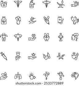 Medical and healthcare Line Icon set. Editable Stroke. Pixel Perfect. For Mobile and Web. Contains such icons as Hospital, Doctor, Nurse, Medical help, Dental