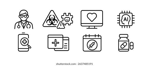 Medical and healthcare line icon set. doctor, virus, heart icons outline collection
