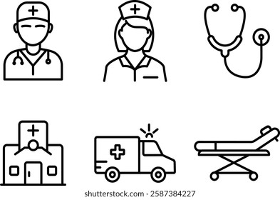 Medical and Healthcare Line Icons – Doctors, Hospital, and Emergency Symbols.