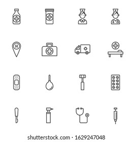 Medical healthcare line icons set. linear style symbols collection, outline signs pack. vector graphics. Set includes icons as doctor nurse, medicine pills, stethoscope, ambulance truck, hospital