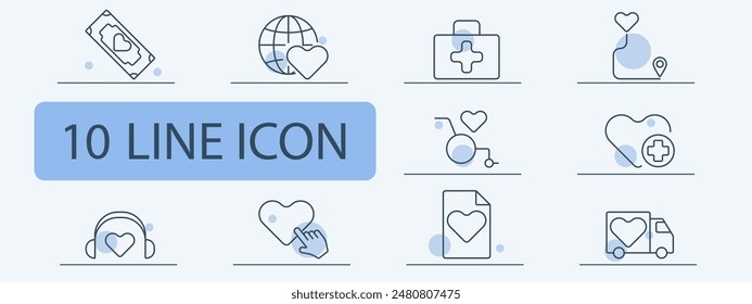 Medical and healthcare line icons set. Bandage, bottle, cross, syringe, first aid kit. Medicine, health, emergency concept