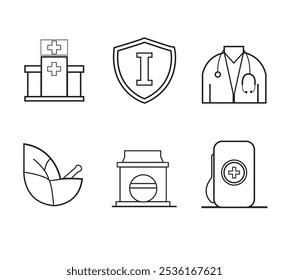 Conjunto de iconos de líneas médicas y de atención médica Símbolos de hospital, médico, farmacia y medicina herbaria