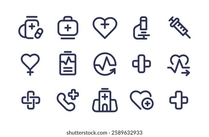 Medical and Healthcare linear icon. Duotone color. Containing medicine, hospital, treatment, healthcare, pills, clinic, heart, cardio. Pharmacy lab isolated icons set. 