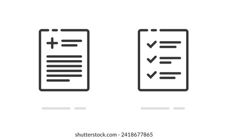 Medical healthcare document check list icon vector simple graphic pictogram set line outline art stroke design, check up report symbol, checklist inventory form exam image clipart