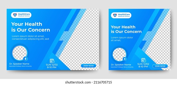 Medical Healthcare live webinar banner invitation and social media post template. coronavirus webinar invitation with clean gradient blue design.