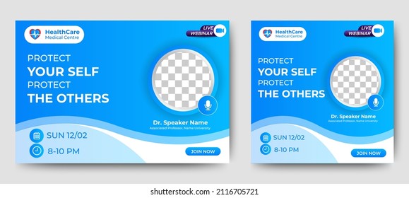 Medical Healthcare live webinar banner invitation and social media post template. coronavirus webinar invitation with clean gradient blue design.