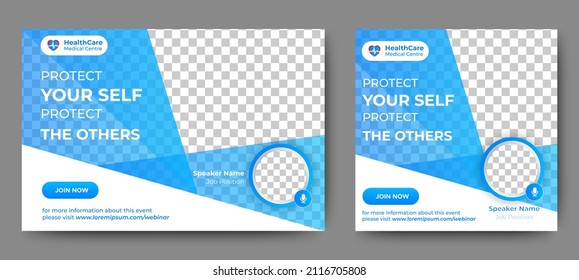 Medical Healthcare live webinar banner invitation and social media post template. coronavirus webinar invitation with clean gradient blue design.