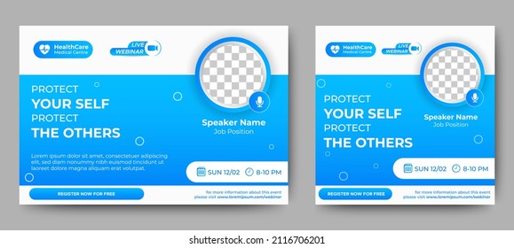 Medical Healthcare live webinar banner invitation and social media post template. coronavirus webinar invitation with clean gradient blue design.