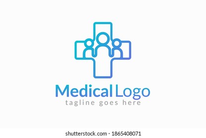 Medical Healthcare Logo Design. Medical Cross Line Symbol Shape Combine with Three People Shape Inside. Flat Vector Logo Design Graphic Template.