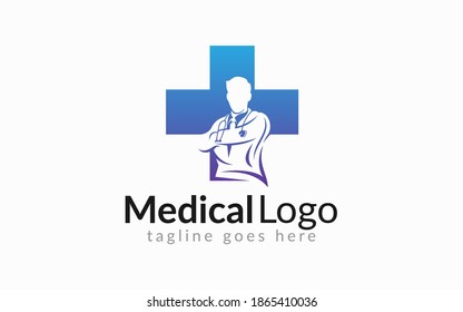 Medical Healthcare Logo Design. Medical Cross Line Symbol Shape Combine With Modern Doctor Silhouette Inside. Flat Vector Logo Design Graphic Template.