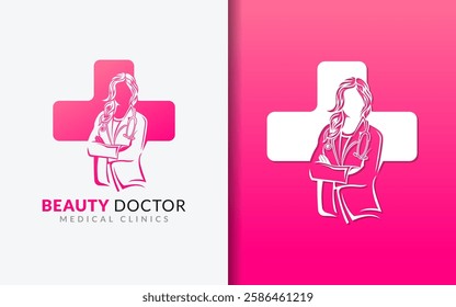 Medical Healthcare Logo Design. Medical Cross Line Symbol Shape Combine with Beauty Woman Doctor Silhouette Inside. Flat Vector Logo Design Graphic 