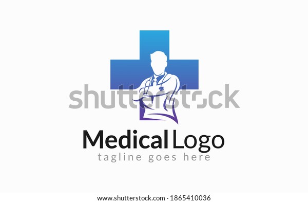Medical Healthcare Logo Design. Medical\
Cross Line Symbol Shape Combine with Modern Doctor Silhouette\
Inside. Flat Vector Logo Design Graphic\
Template.