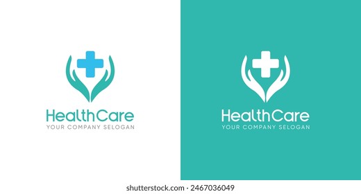 medical healthcare logo design vector symbol cross and hand icon illustration