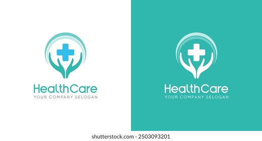 medical healthcare logo design vector symbol cross and hand icon illustration