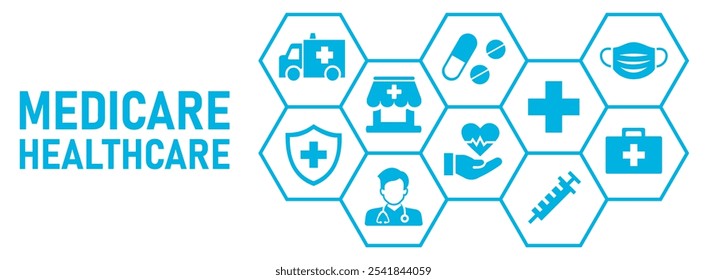 Medical and healthcare and Medicare banner concept icons medical service, health insurance, patient care, vector illustration, doctor, capsule, first aid, ambulance, pharmacy, pills, mask, icons