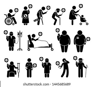 Medical healthcare mobile phone app for people in need. Vector artwork depicts handicapped, pregnant woman, elderly, cancer patient, and blind man using smartphone app.
